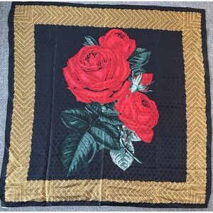 Perry Ellis Vintage Silk‎ Scarf 30x30 Red Roses Gold Border Made in Japan